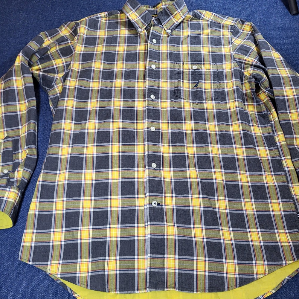 Nautica Classic Fit Lined Plaid Button Down Shirt Yellow Navy Blue Cotton M 90s
